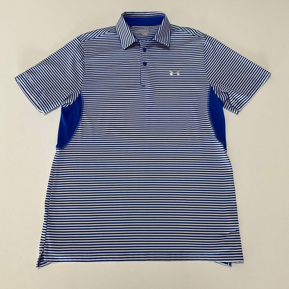 Under Armour Mens Polo Shirt ColdBlack HeatGear Striped Blue White Size Medium